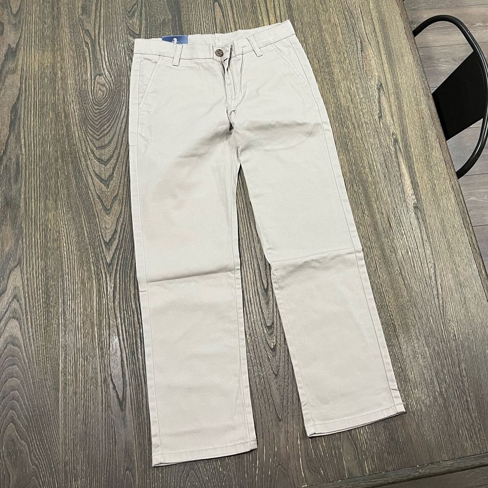 NWT Izod Pants Boys Chino Flat Front Straight Leg Cotton Stretch Beige Size 10